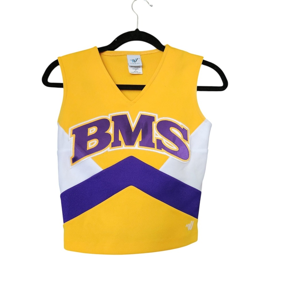 Varsity Cheerleading Uniform Shell Top Yellow Purple BMS V-Neck Size 32 SP